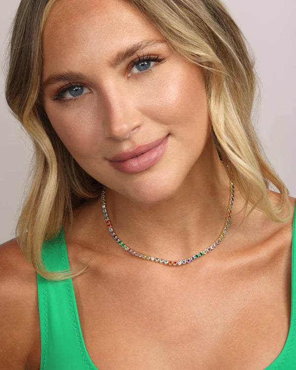 Baroness Tennis Necklace 15" Gold Rainbow Diamondettes