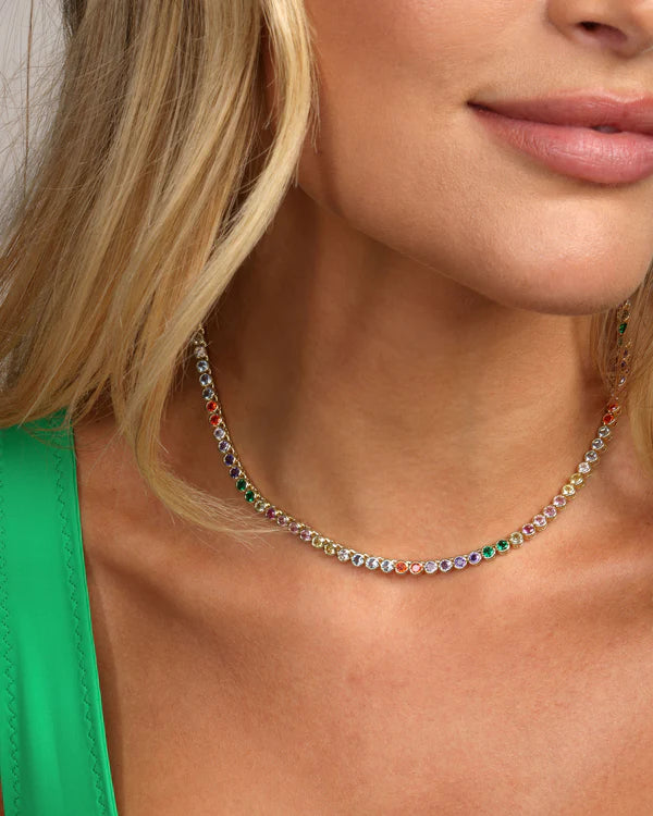 Baroness Tennis Necklace 15" Gold Rainbow Diamondettes
