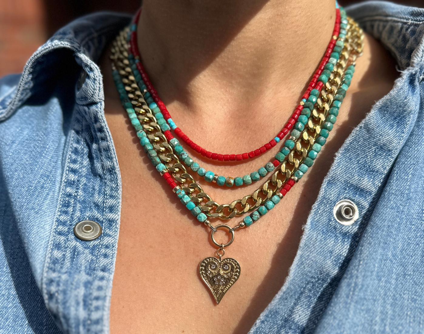 MINI BEADED TURQUOISE & RED CORAL NECKLACE