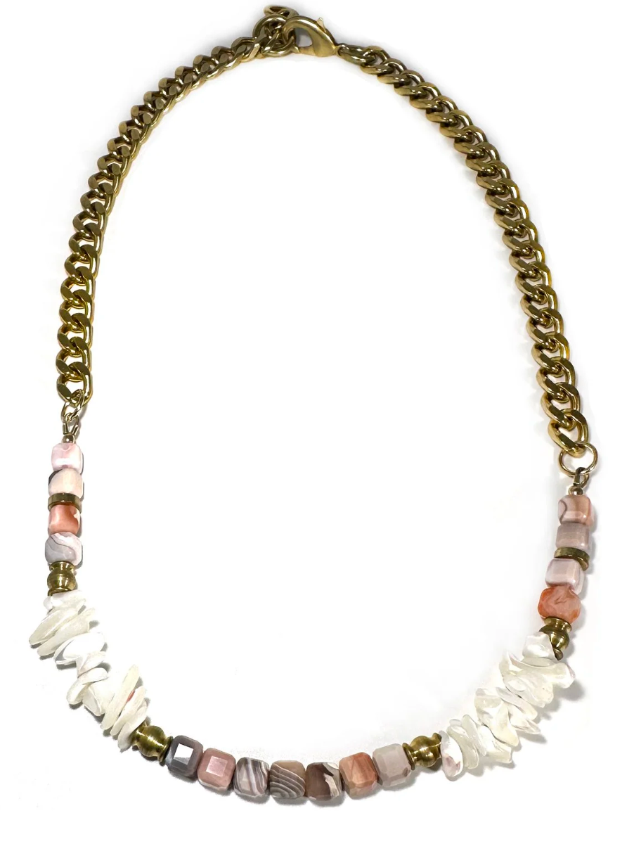 PINK BOTSWANA AGATE & SEASHELLS NECKLACE
