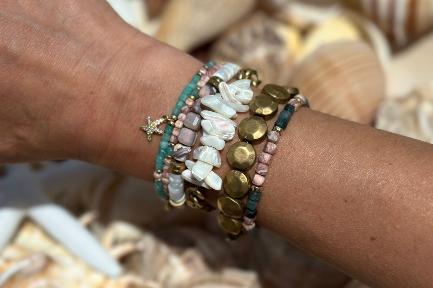 NARROW: PINK BOTSWANA AGATE CUBES & MOTHER OF PEARL BRACELET