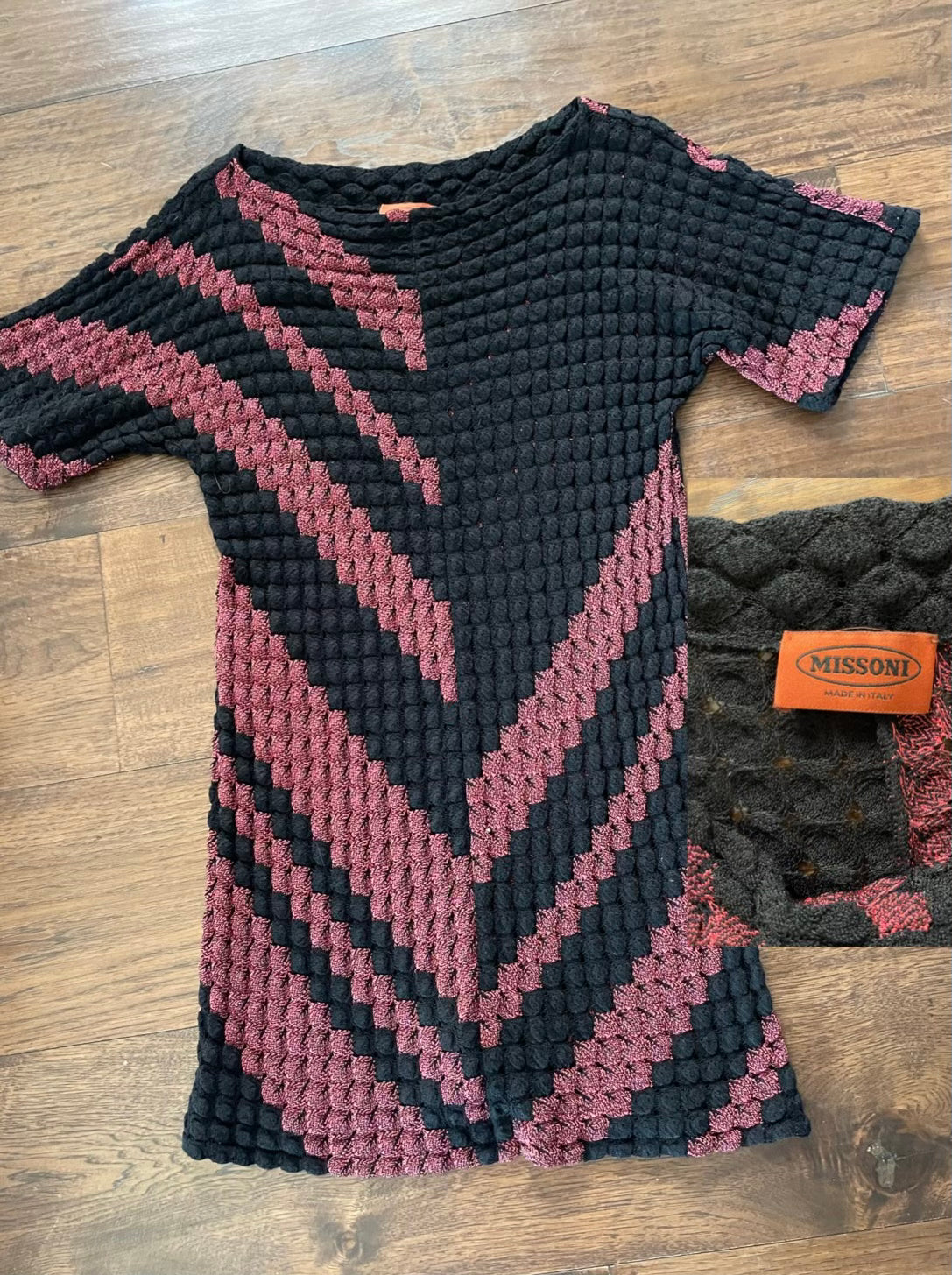 Maroon and Black Classic Graphic Chic Missoni Dress Details