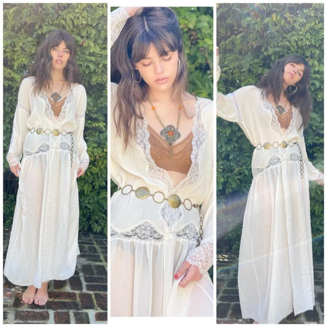 70s Boho Goddess Kimono Maxi Dress white Lace Pleats S M – Closet