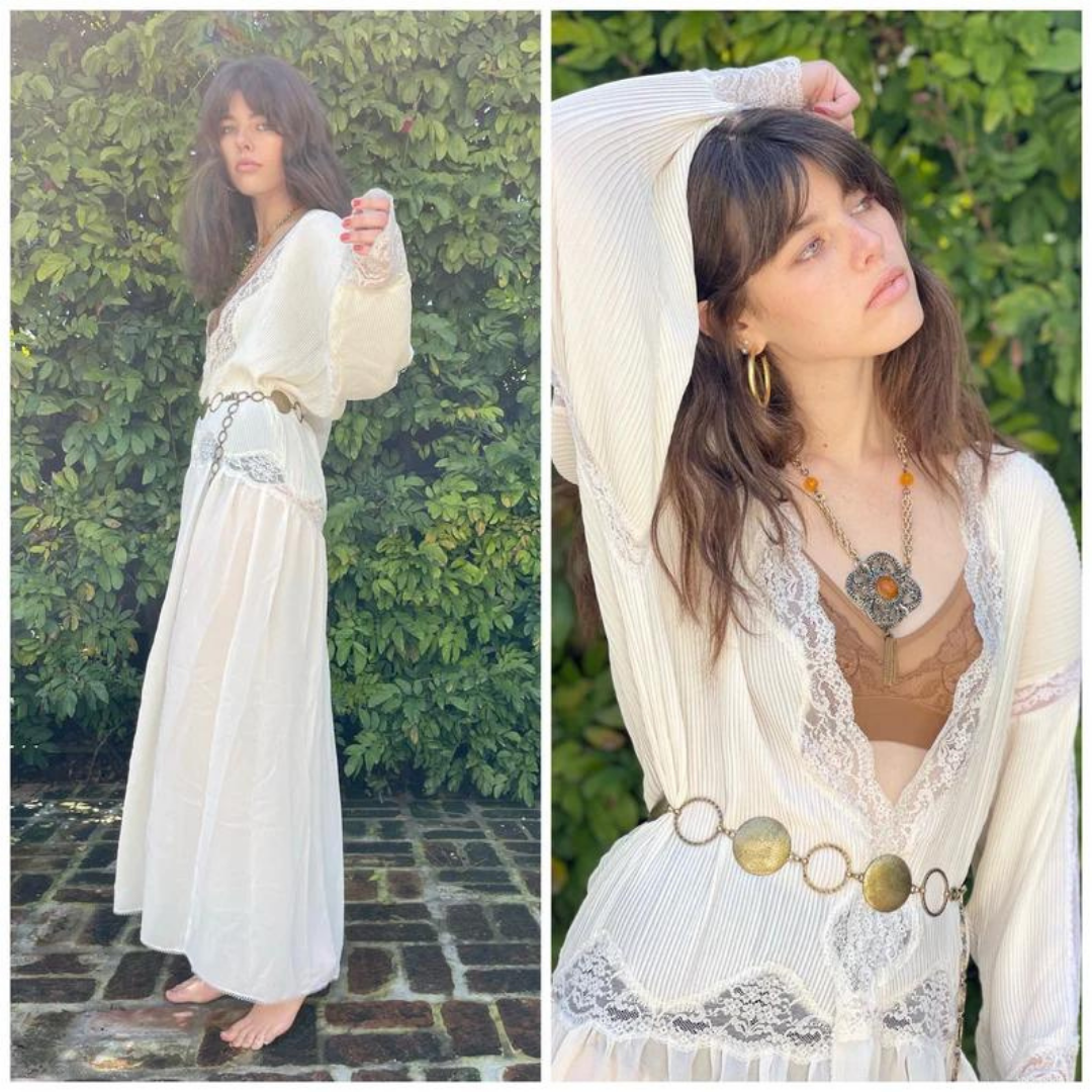70s Boho Goddess Kimono Maxi Dress white Lace Pleats S M – Closet Intuition
