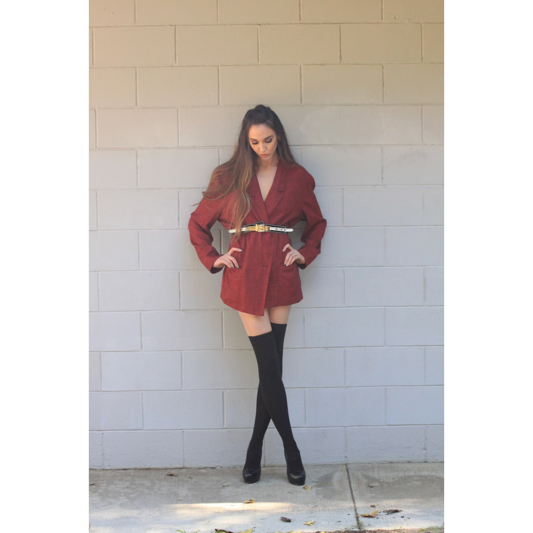 Vintage 80s Oversized Blazer Shirt Coat Dress Mini Jacket Burgundy XS S M L