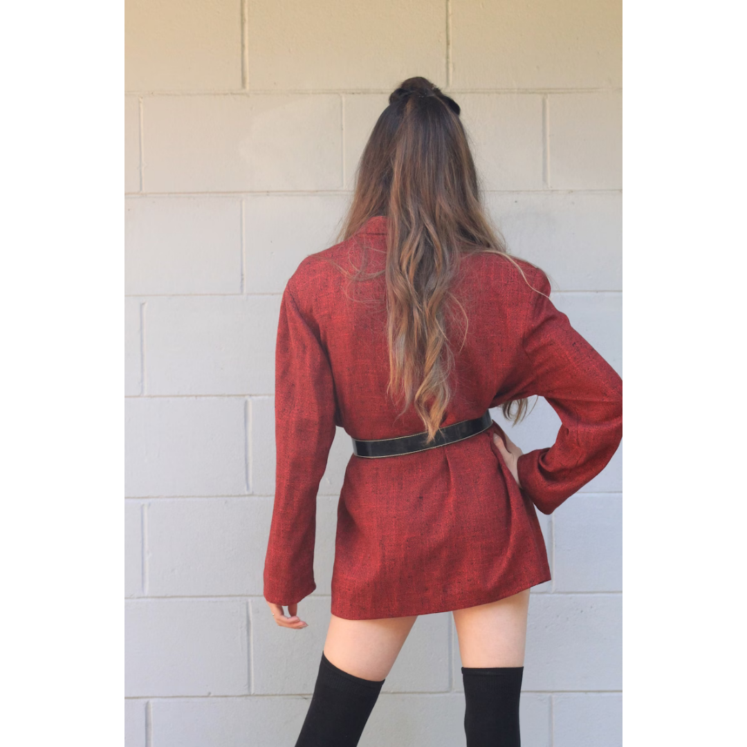 Vintage 80s Oversized Blazer Shirt Coat Dress Mini Jacket Burgundy XS S M L