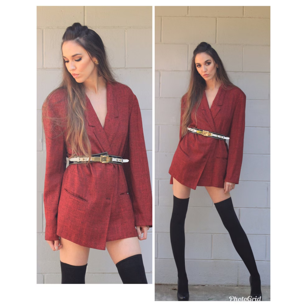 Vintage 80s Oversized Blazer Shirt Coat Dress Mini Jacket Burgundy XS S M L