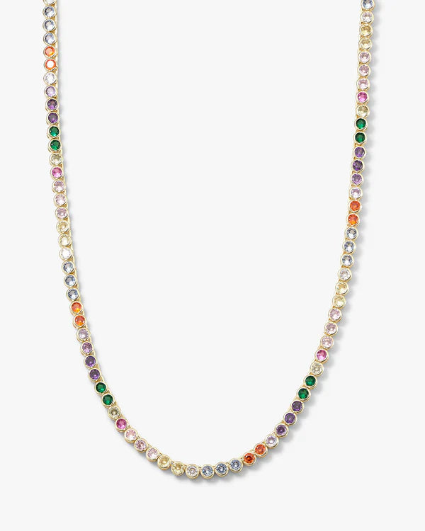 Baroness Tennis Necklace 15" Gold Rainbow Diamondettes
