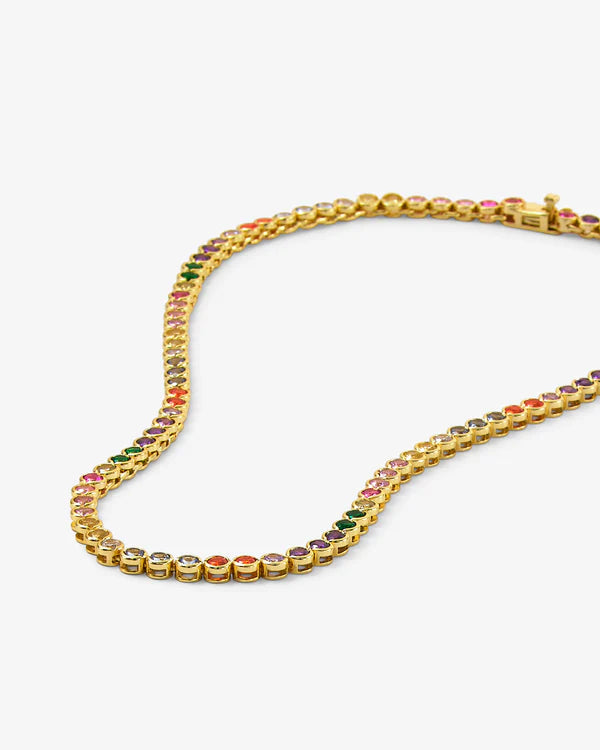 Baroness Tennis Necklace 15" Gold Rainbow Diamondettes