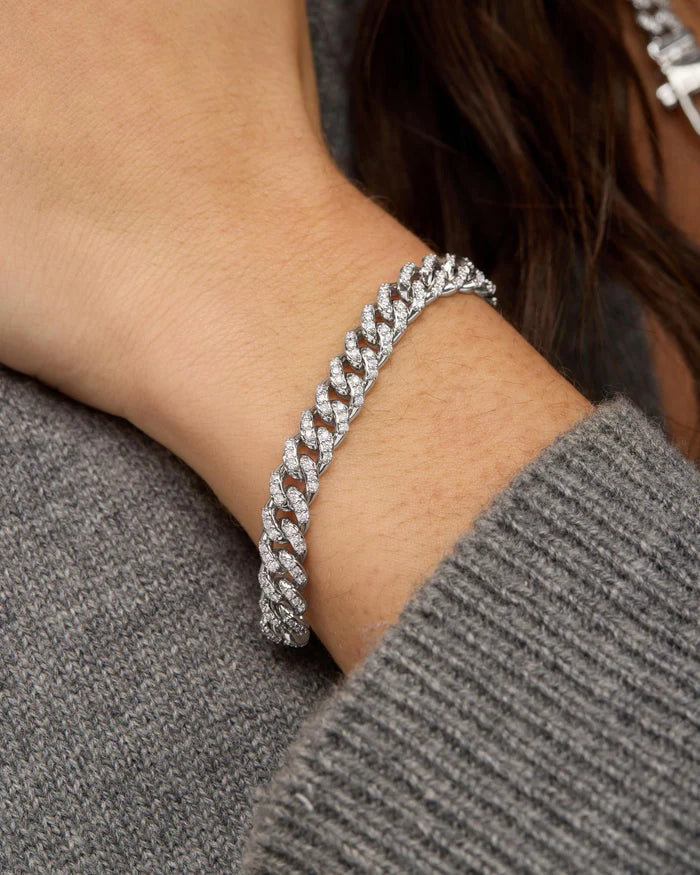 Pavé Julian Cuban Chain Bracelet 6.8mm, Silver|White Diamondettes