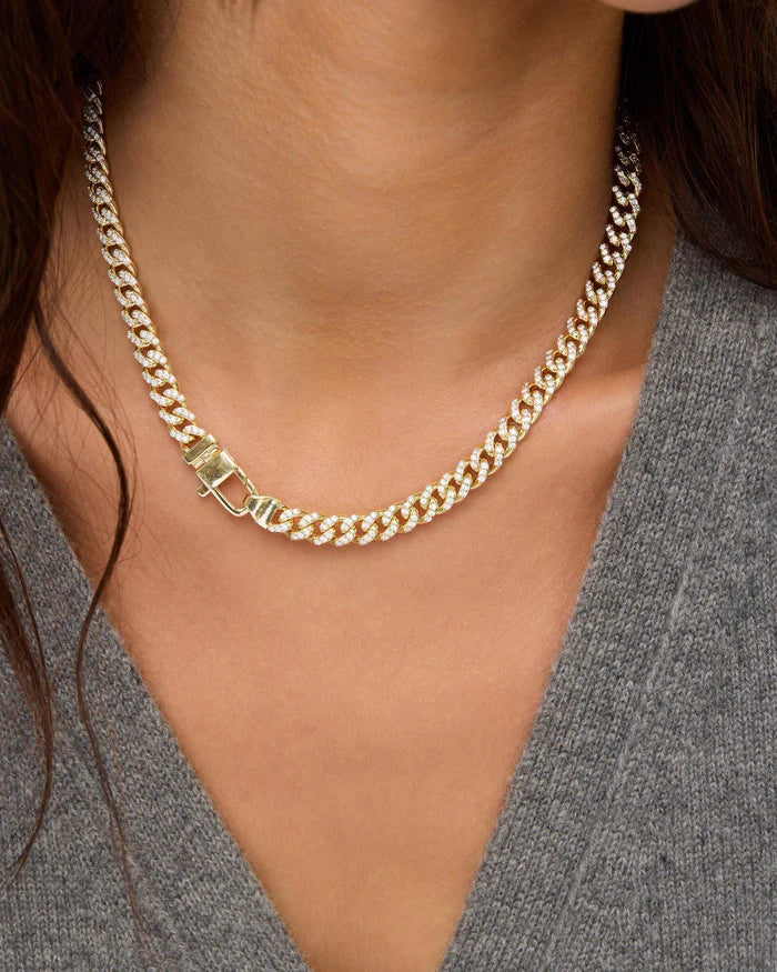 Pavé Julian Cuban Chain Necklace 6.8mm, Gold|White Diamondettes