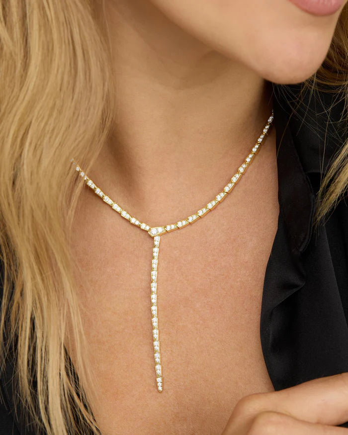 Pavé Serpent Lariat Necklace, Gold|White Diamondettes