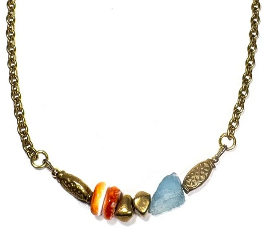 MERIDIAN: SANTA MARIA AQUAMARINE & SPINY OYSTER SHELL NECKLACE