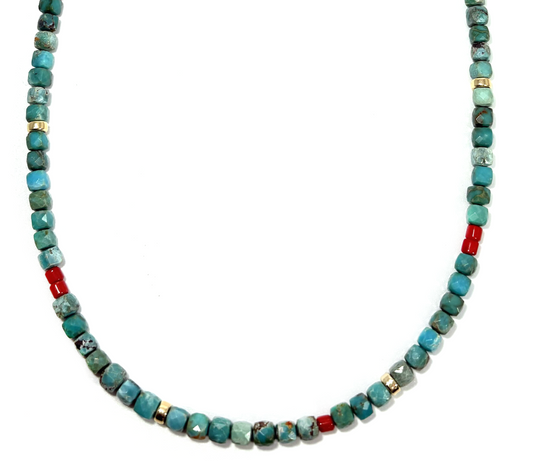 MINI BEADED TURQUOISE & RED CORAL NECKLACE