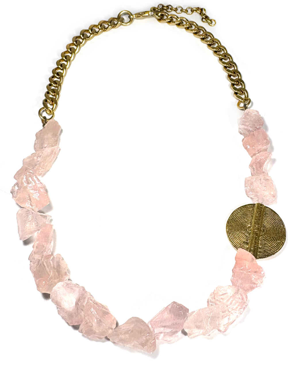 RAW ROSE QUARTZ & BRASS MEDALLION NECKLACE