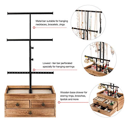 Rustic 2-Tier Jewelry Stand Organizer, Wooden T-Bar Necklace and