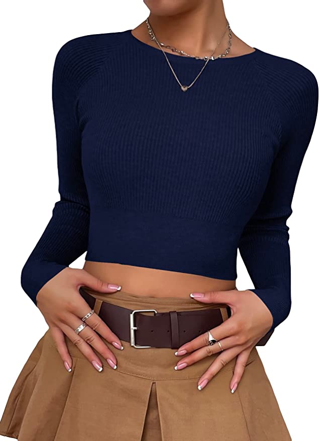 Navy Cropped Ribbed Sweater