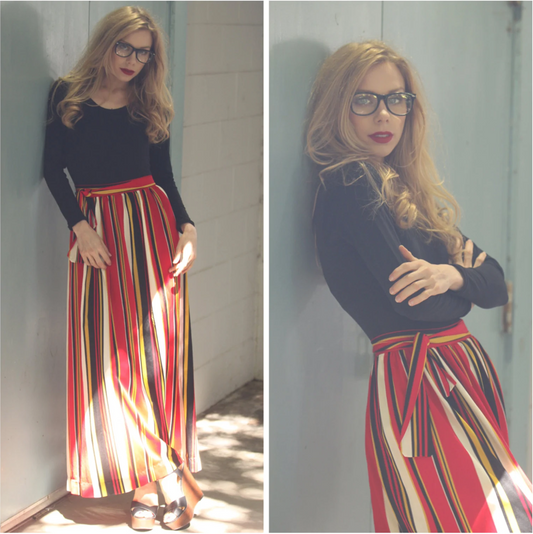 Red-Black-Yellow-White Striped 70’s Maxi Skirt