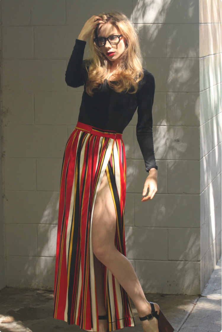 Red-Black-Yellow-White Striped 70’s Maxi Skirt