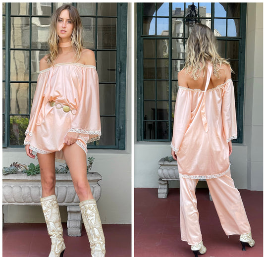 Peach Color 70’s Silk Mini Dress & Matching Pant 
