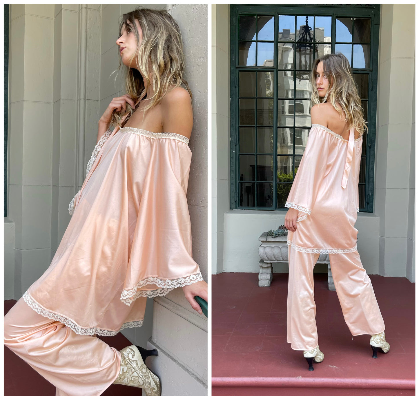Peach Color 70’s Silk Mini Dress & Matching Pant  Side and Back